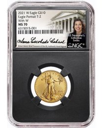 2021 W $10 Gold Eagle NGC MS70 Die Variety – Mint Error – Mule with Unfinished dies – Cabral Signature