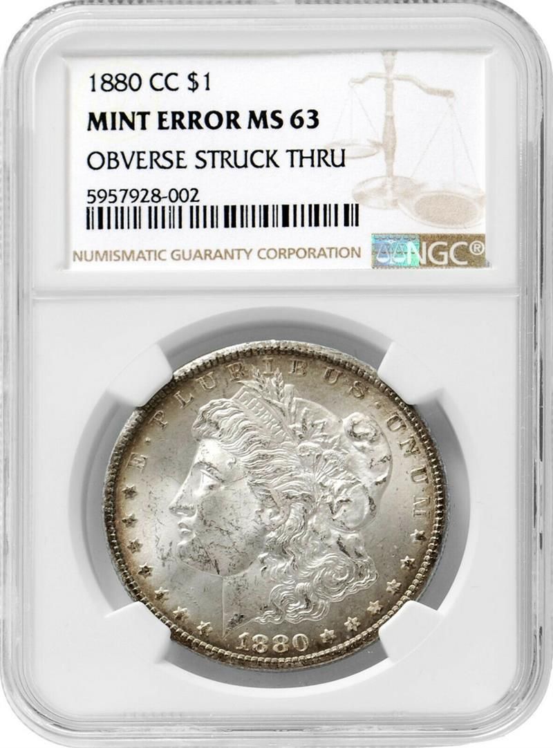 1880 CC Morgan Dollar NGC MS63 Mint Error Obverse Struck Thru