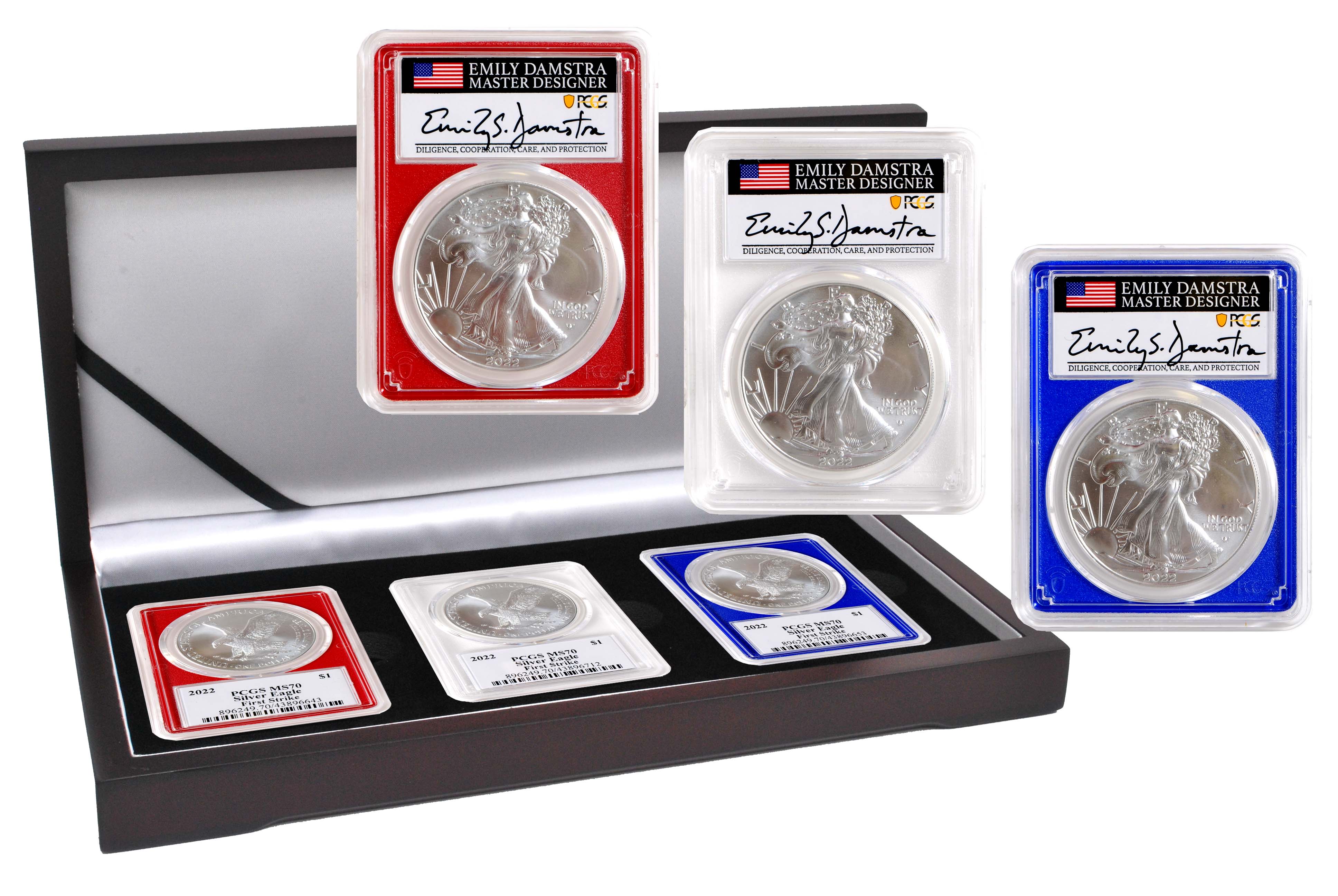 2022 $1 1-oz Silver Eagle 3-pc Set PCGS MS70 First Strike Red, White & Blue Emily S. Damstra Designer Signed
