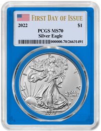 2022 1oz. Silver Eagle PCGS MS70 First Day of Issue. Blue