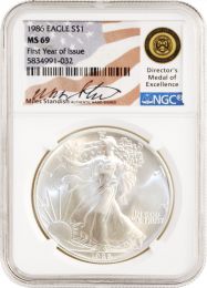 1986 American Silver Eagle NGC MS70 - First Year of Issue – Michael Miles Standish Signature 