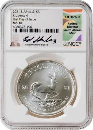 2021 South Africa 1 oz. Silver Krugerrand NGC MS70 First Day of Issue – Ed Harbuz Signature