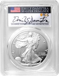 2021 S American Silver Eagle Type 2 PCGS PR70 FS – Emily S. Damstra Signature – Her initials ESD appear on the coin