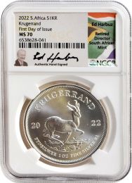 2022 South Africa 1 oz. Silver Krugerrand NGC MS70 First Day of Issue – Ed Harbuz Signature
